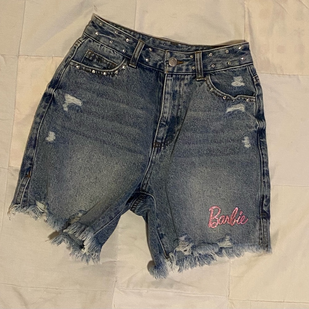 Forever 21 Barbie Blue Jean Shorts with Pink Embroidery